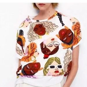 (3for $15)Sisterhood Faces Crew Neck Tee Novelty Women Cotton Small